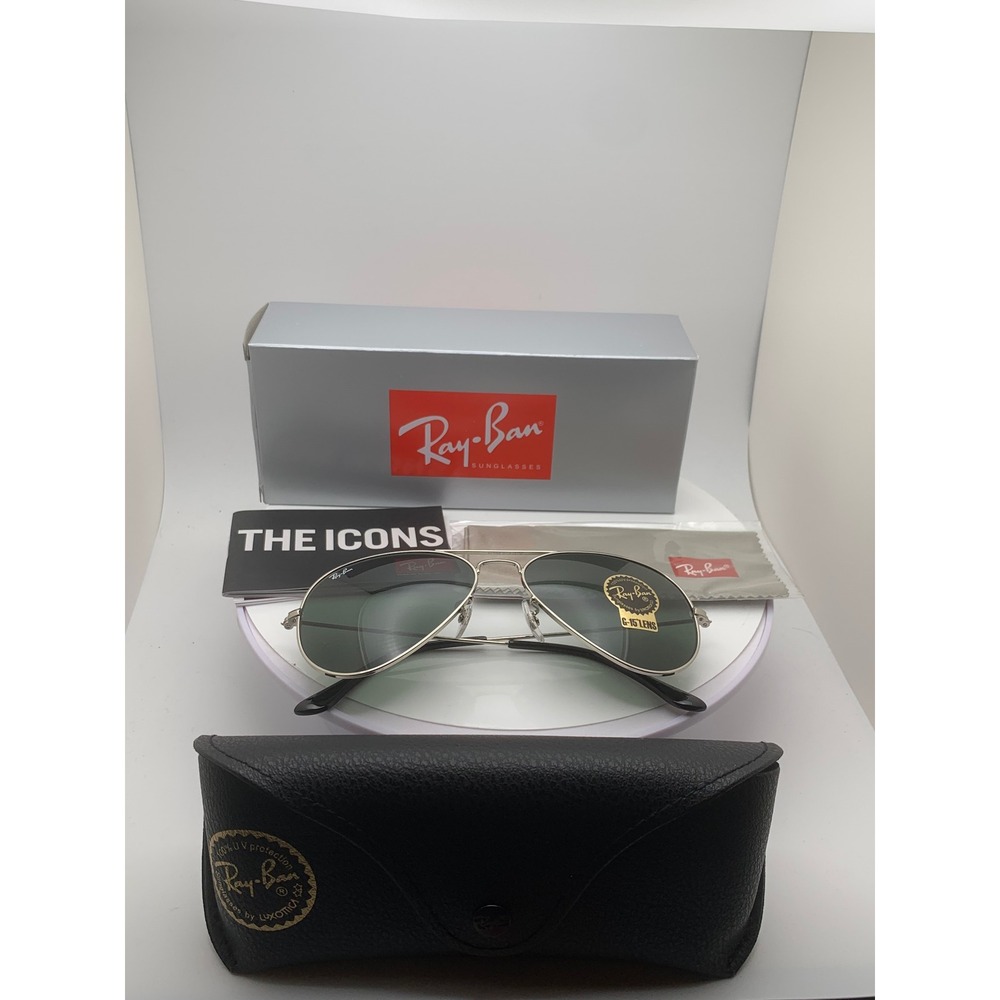 NIB Ray-Ban Aviator Classic RB3025 Silver G-15 Green Lens Sunglasses + Case